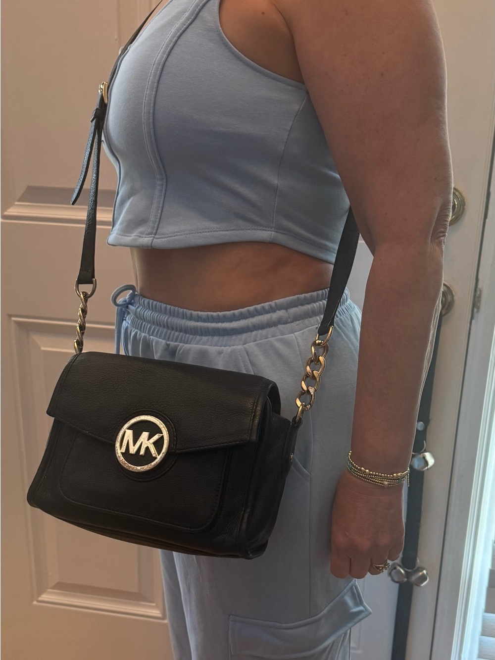 Michael Kors Black Leather Crossbody with Gold MK Emblem